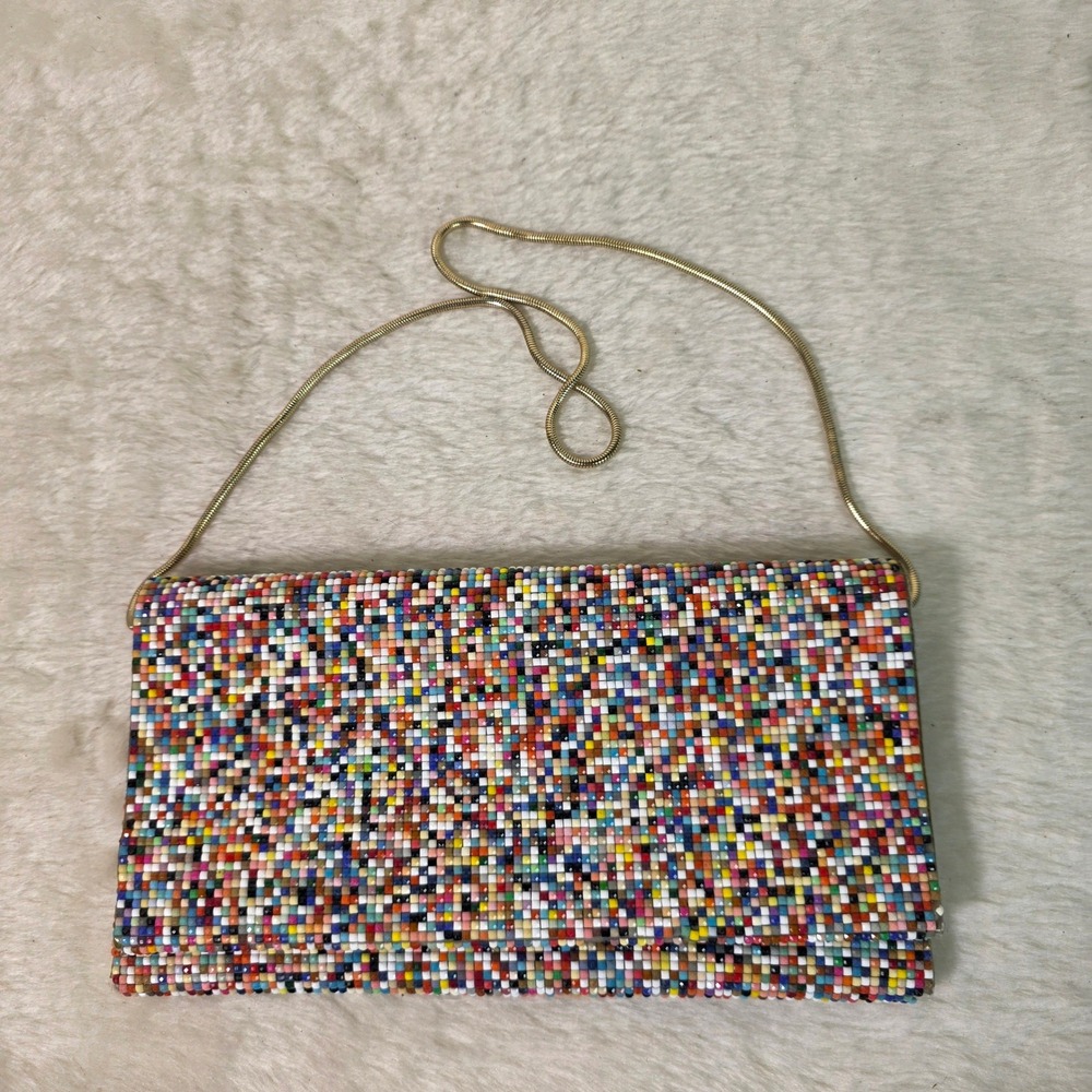 Sondra Roberts Beaded Micro Mosaic Clutch Multicolor Gold Chain Purse Artsy